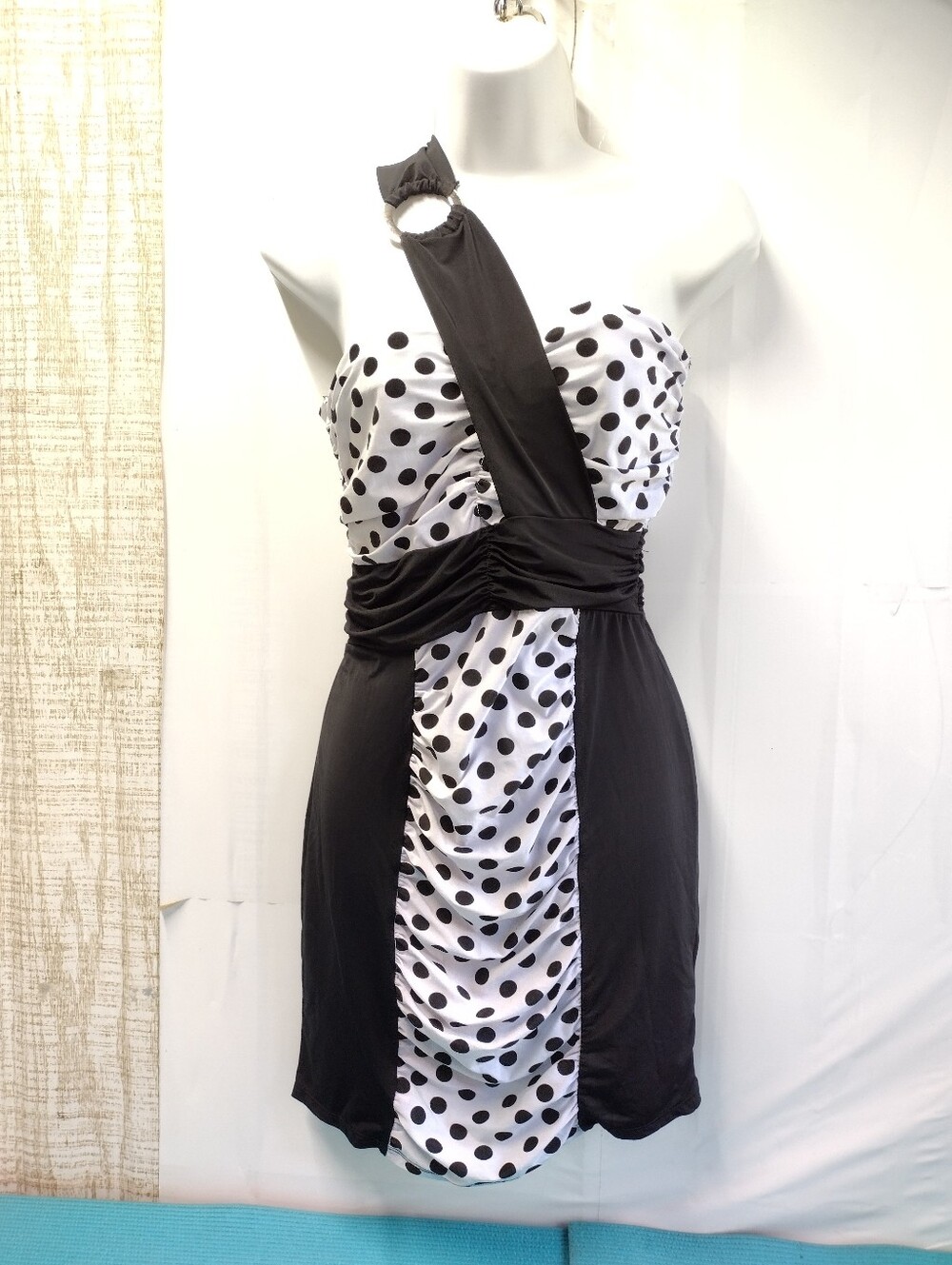 NEW One-Shoulder Polka Dot Mini Dress Bodycon - S